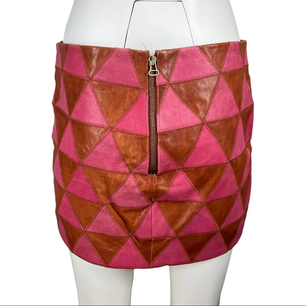 Kelly Wearstler Iraz Leather Mini Skirt- Magenta & Cognac Sz 8 - Picture 5 of 11